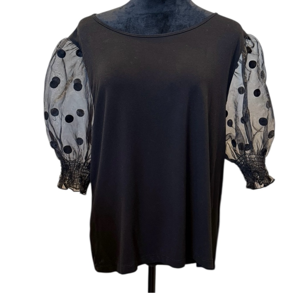 Andrew Marc Black Blouse Knit T Shirt Sheer Polka Dot Sleeves Extra Large